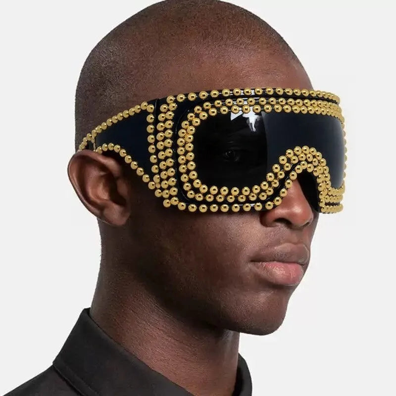 Men's super large rim square sunglasses with punk rivet detailing in silver colour