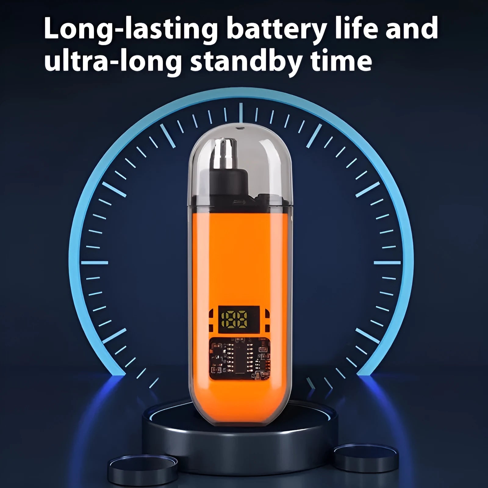Rechargeable nose hair trimmer with digital display, shown in black, blue, and orange colour options.