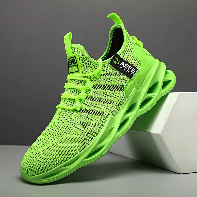 Men's mesh casual running shoes in Korean style with cross straps, available in black green yellow colours