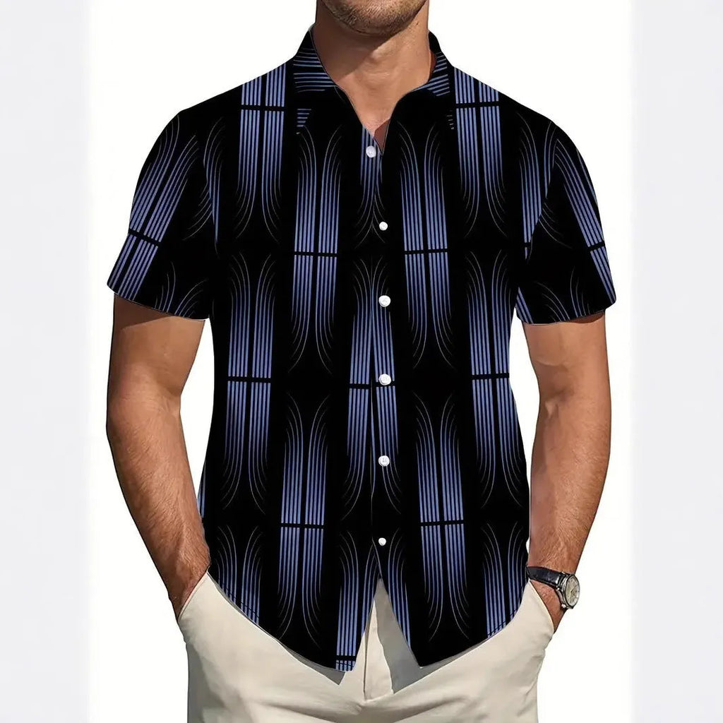 Men's geometric pattern short sleeve shirt with lapel collar in slim fit design
