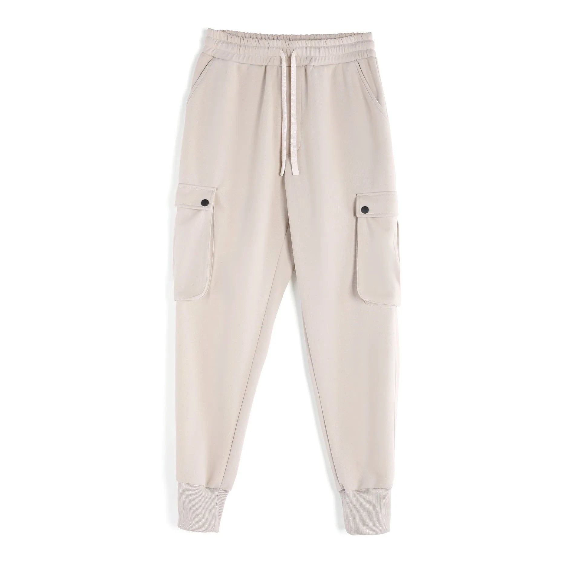 Men's loose fit cotton sports trousers with ankle ties in apricot colour showing multiple pockets