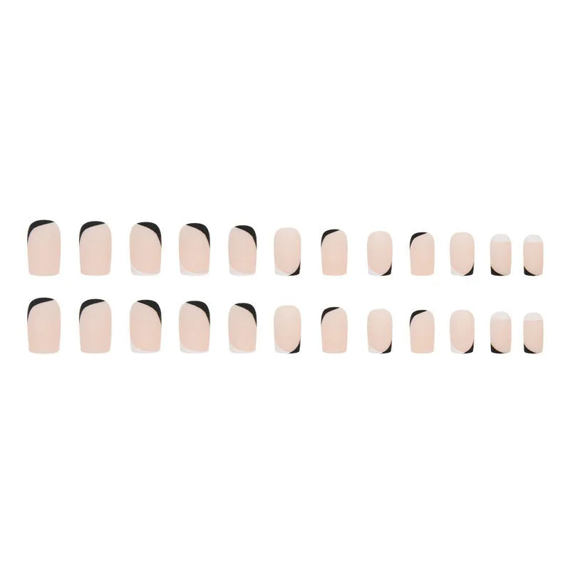 Black and white frosted false nails with Mandarin duck colour pattern and double-piece construction