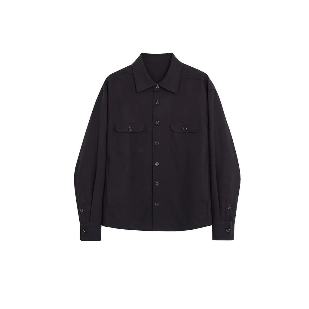 Men's long sleeve lapel collar shirt in chemical fibre blend fabric, shown in light sand rice colour.