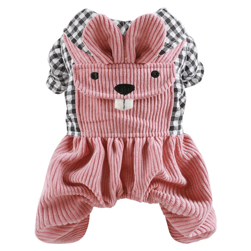 Four-legged plaid overalls for pets in polyester, black grid top, shown on a dog indoors