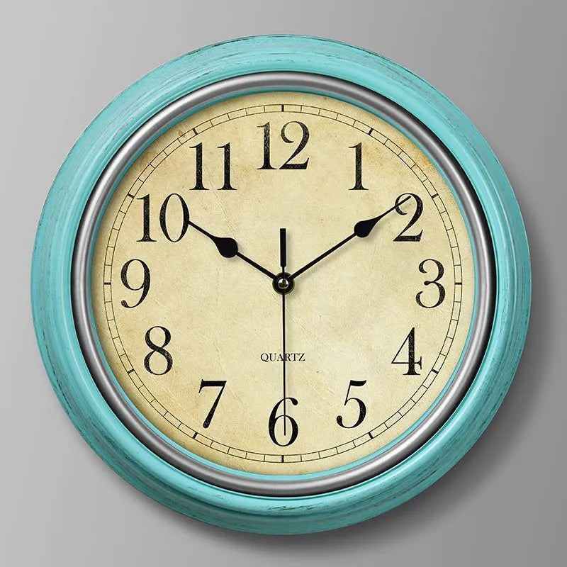 American retro noiseless wall clock 12 inch diameter 29cm glass shell punch-free golden circle Arabic numerals