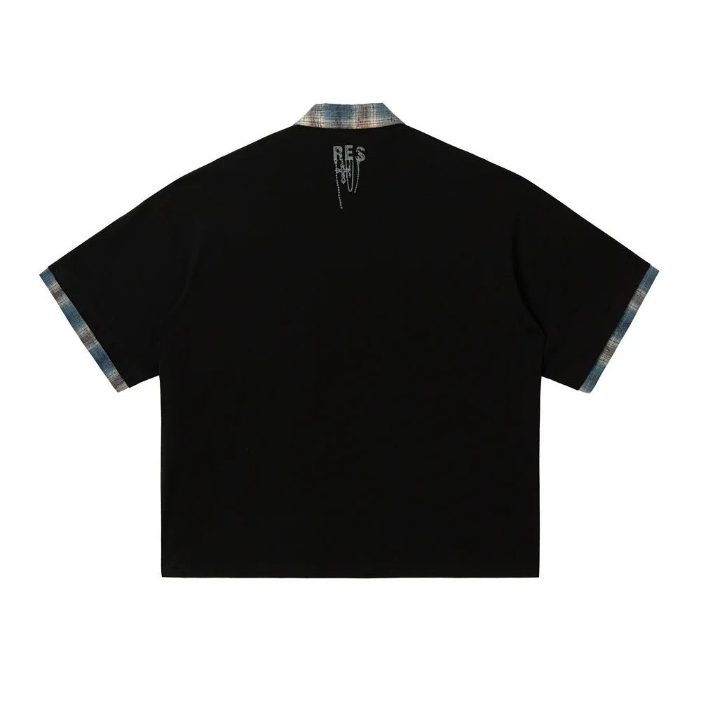 Men's loose fit cotton top with graffiti printing on lapel in asymmetric street style