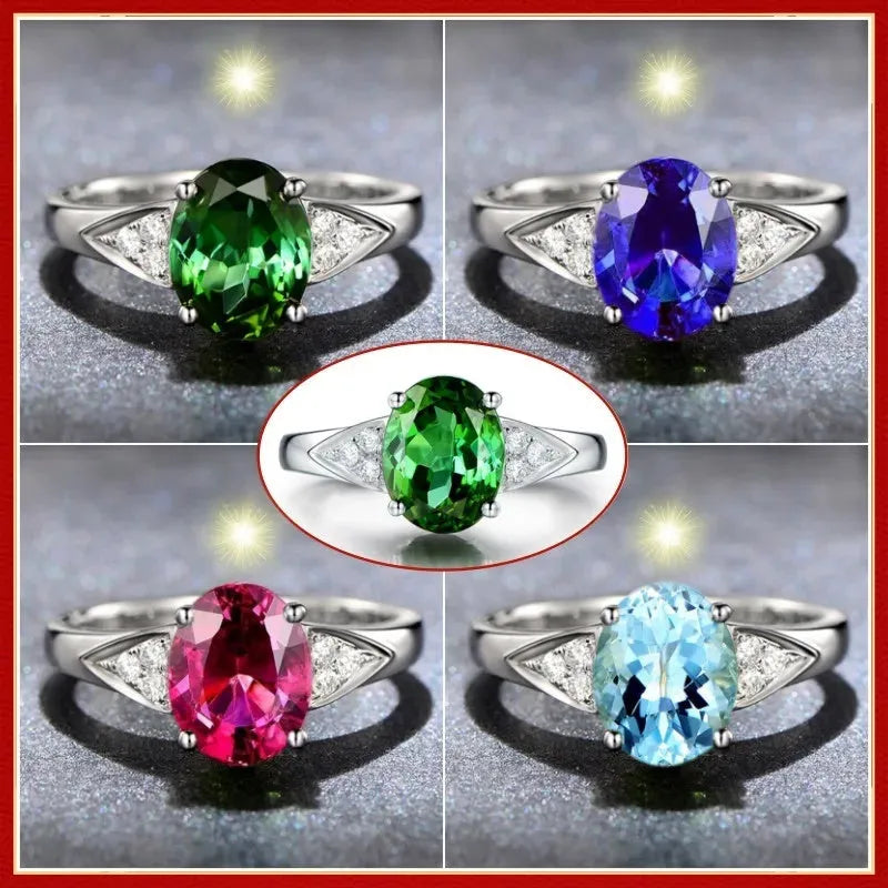 Women's court style ring with a natural zircon inlay showing heart, water drop, and bell pattern options in blue, red, green, and light blue.