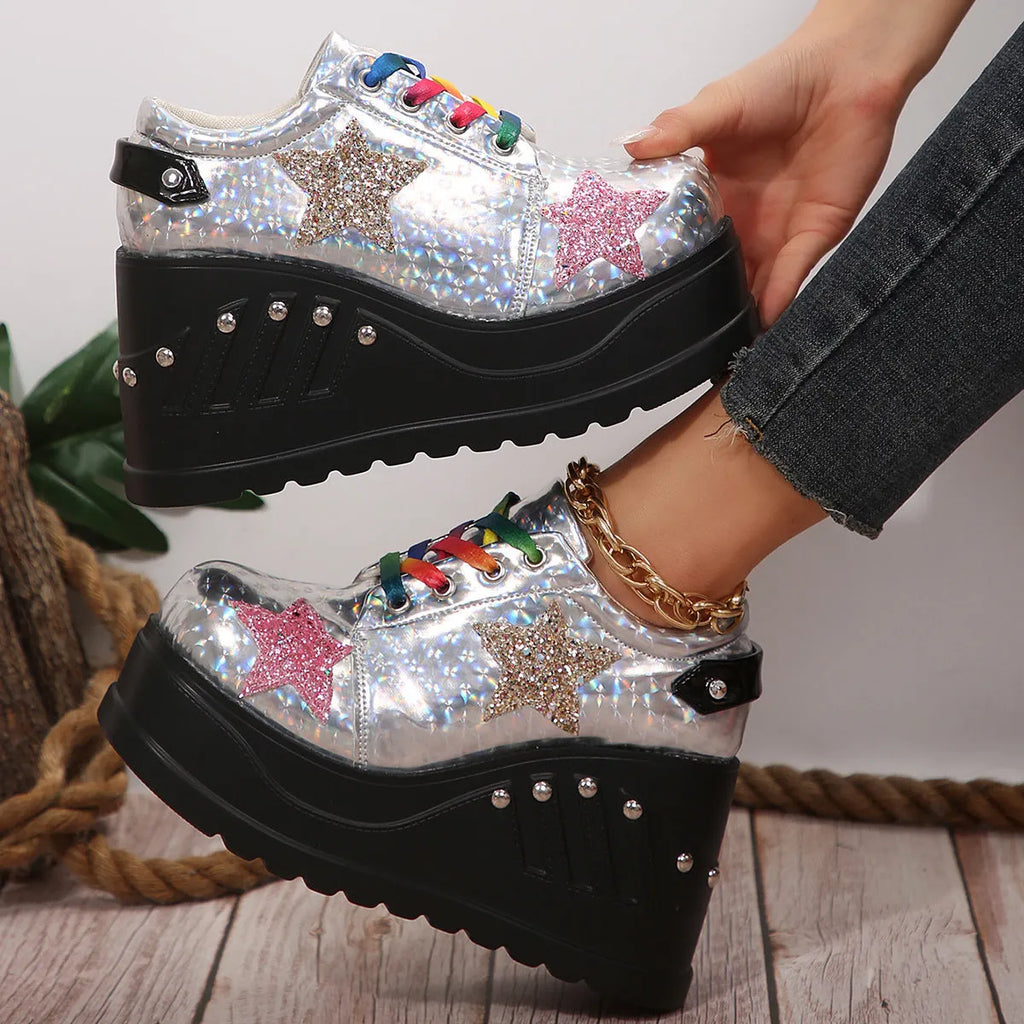 White punk platform shoes with shiny PU upper, rivet detailing, round toe, and thick sole