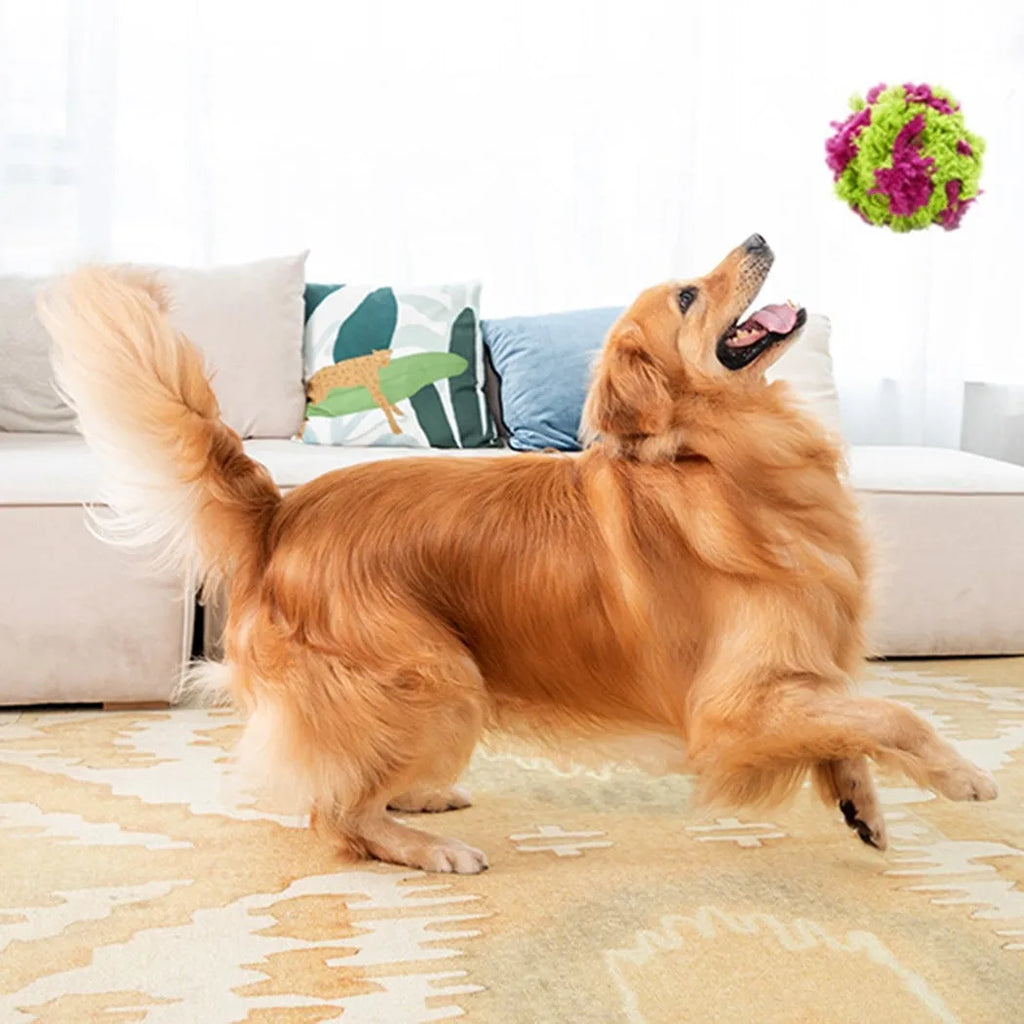 Purple plush dog chew toy with seaweed ball knot design measuring 15cm diameter