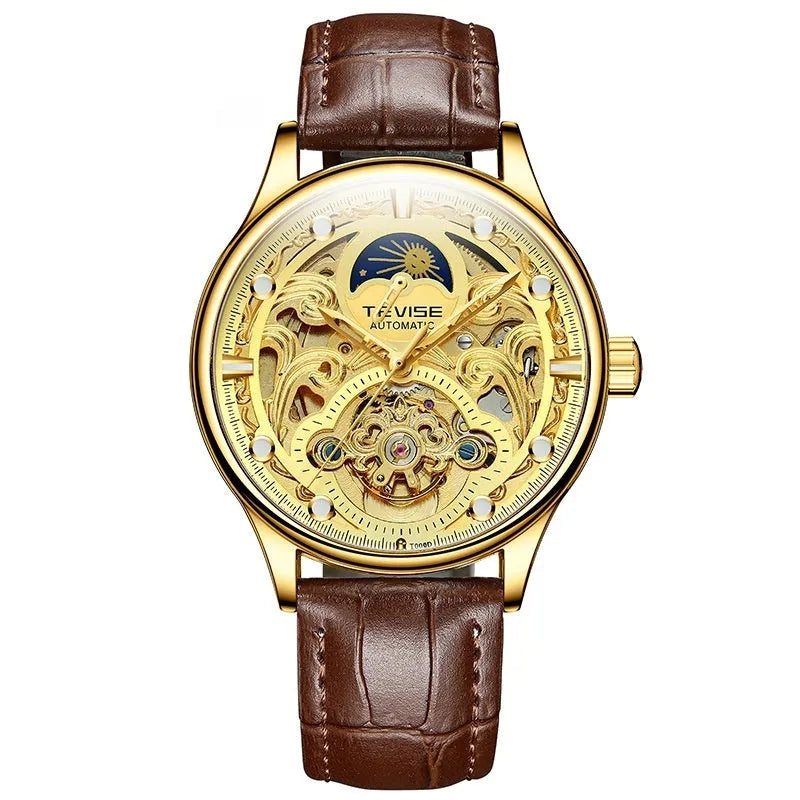 Men's waterproof automatic mechanical watch with leather strap in business style