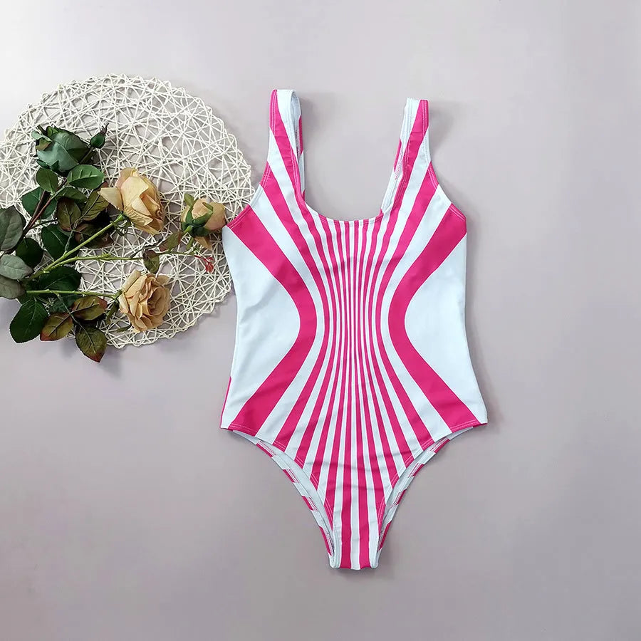 Pink and white striped women's one-piece swimsuit with front and back digital printing.