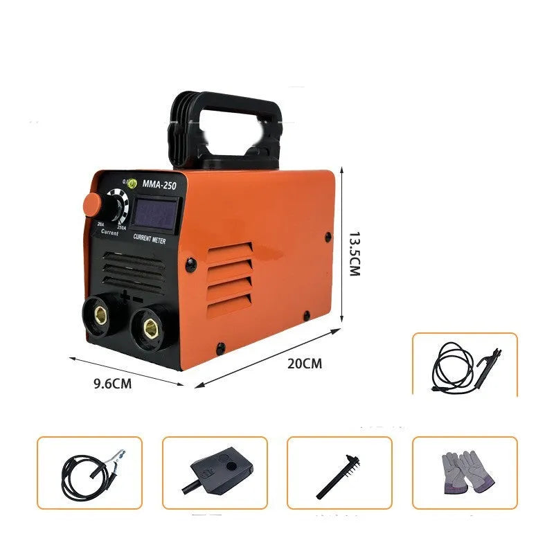 Portable mini MMA-250 DC spot welding machine with 110V US plug, ground wire, mask, and slag hammer on a workbench