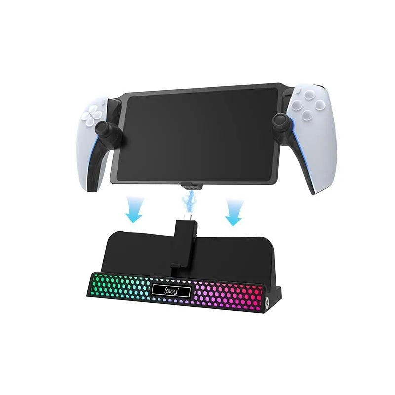 PS5 Portal charging base with RGB lamp, black, next to a PS5 Portal controller