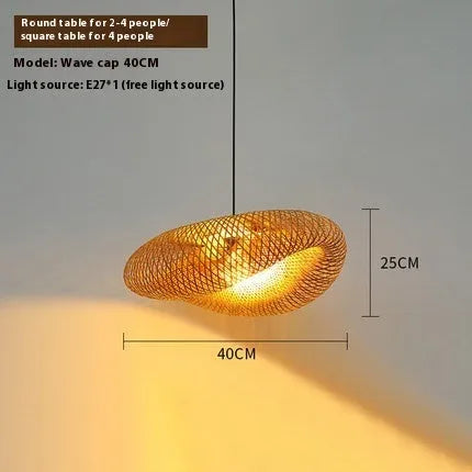 Natural bamboo straw hat-shaped pendant hanging lamp with woven texture