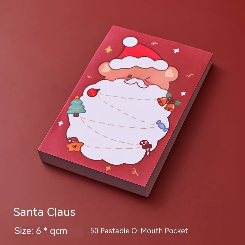 Christmas cartoon sticky notes pad with Santa, snowman, elf, gift, sled, house, bear and crystal ball designs