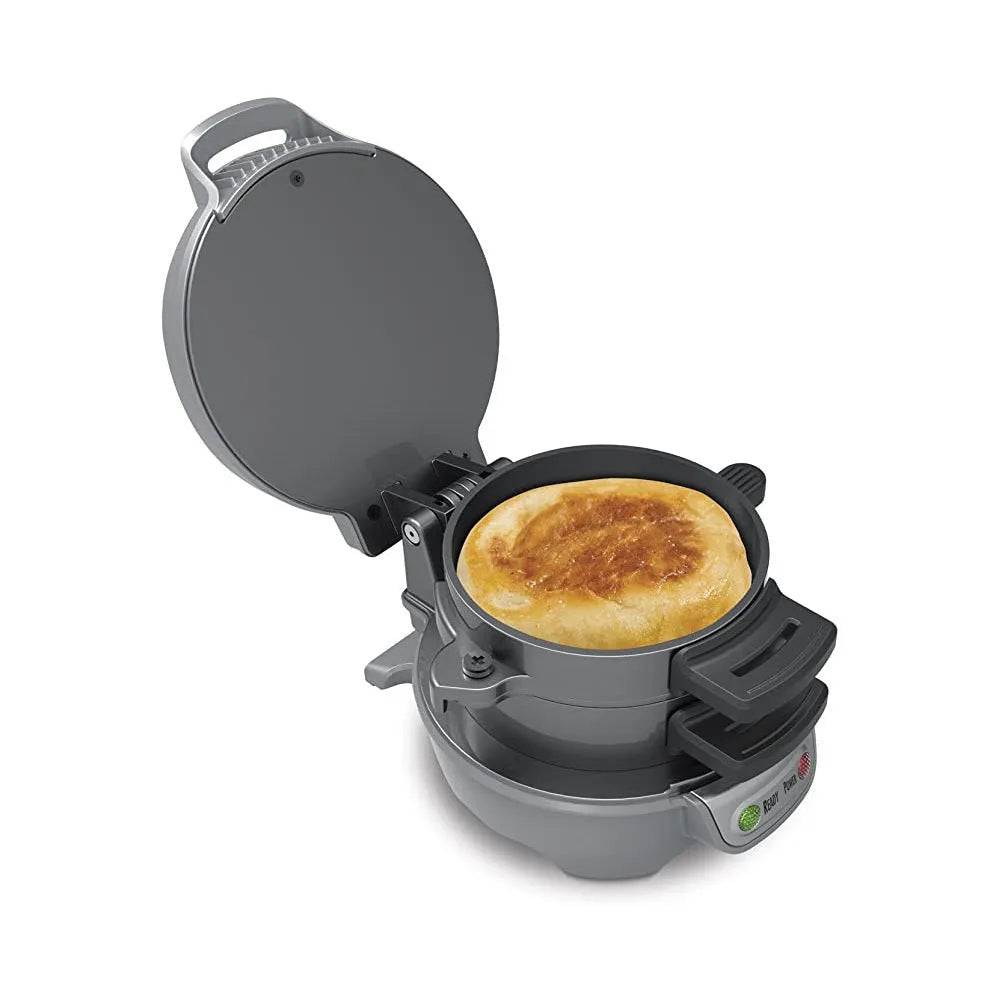 Household breakfast machine with sandwich maker and egg cooker functions in bright red colour