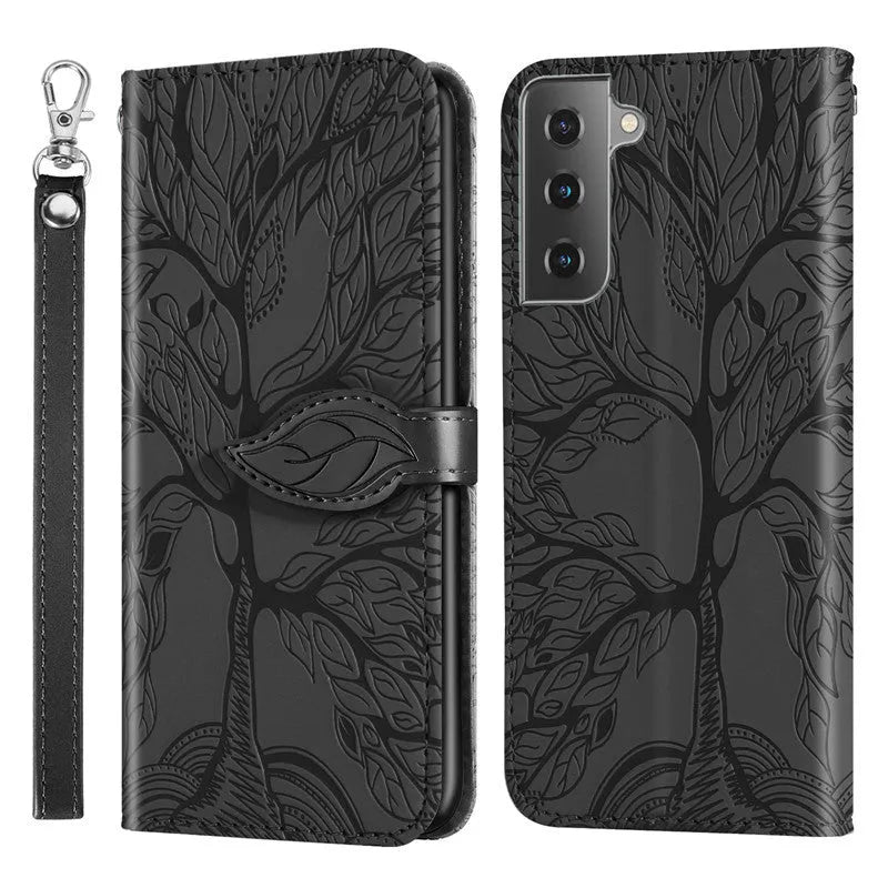 Flip retro lucky tree embossed leather phone case for Samsung with protective kickstand in Lake Blue colour