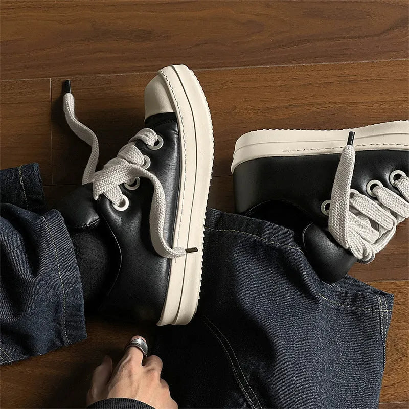 Men's black casual slip-on shoes with front lace-up and rubber sole