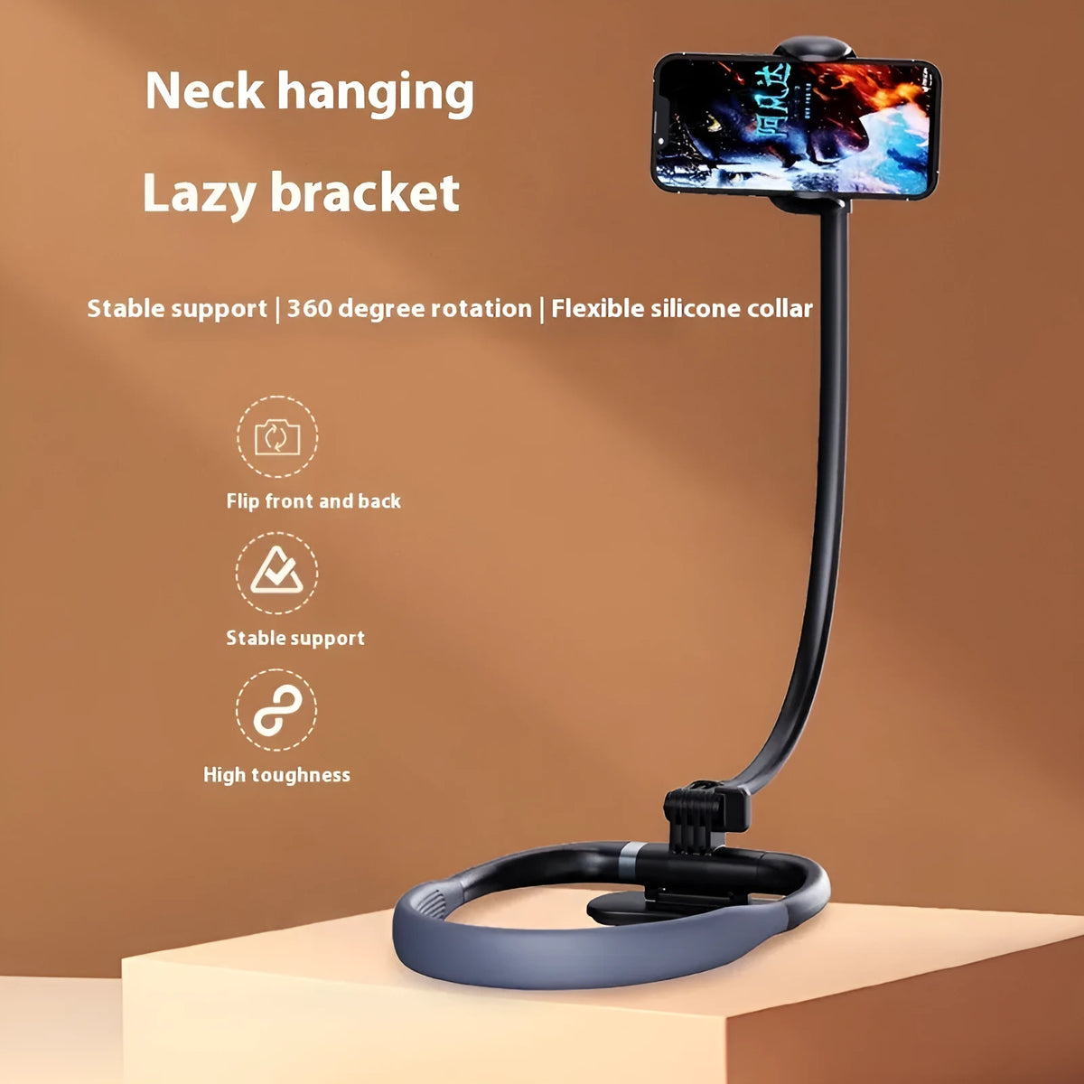 Black plastic hanging neck multifunctional desktop phone holder on desk with phone in place