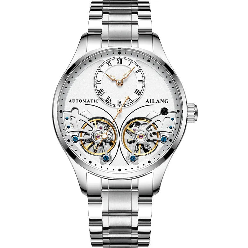 Automatic men's watch with tourbillon and moon phase on a black dial in a titanium case.