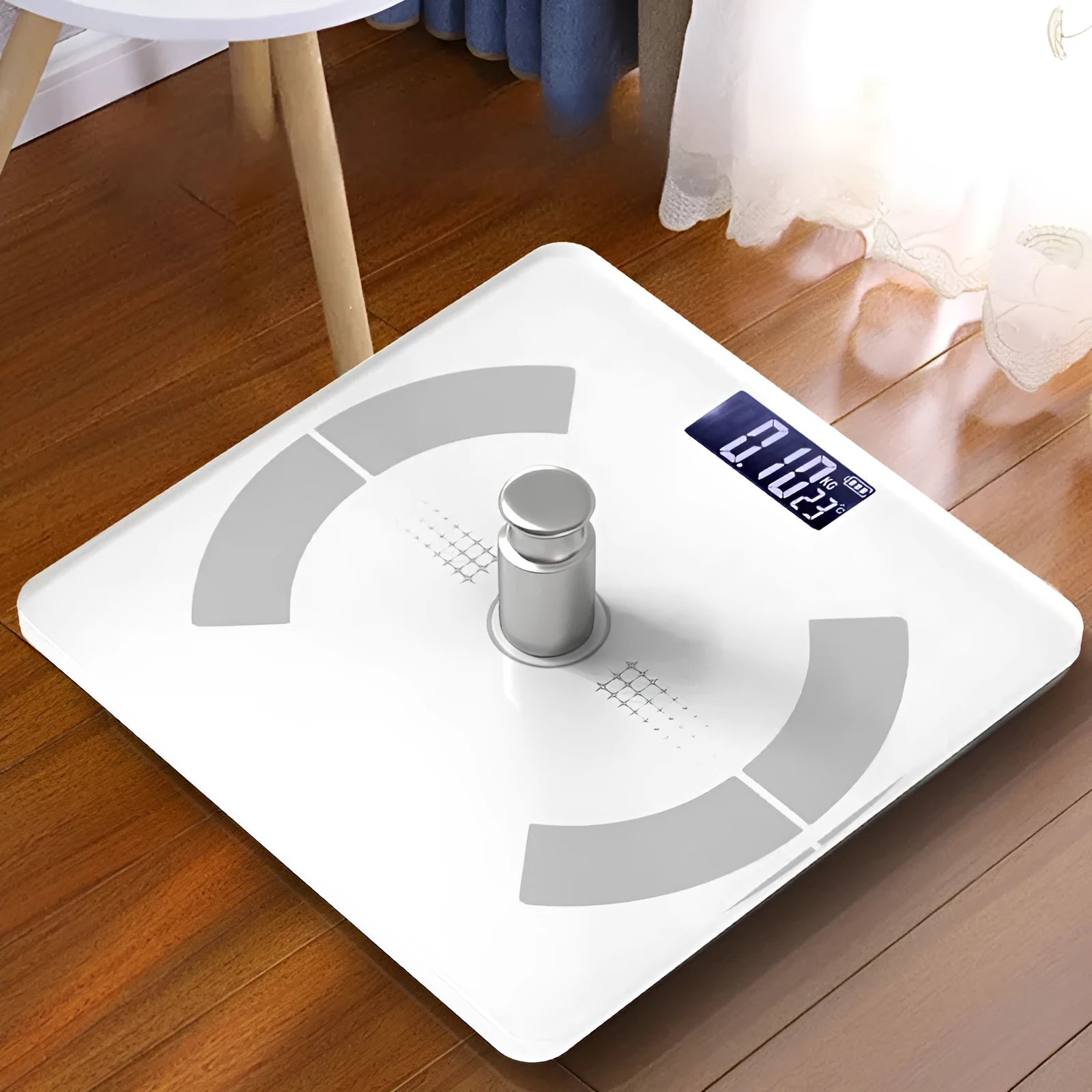Smart Bluetooth body fat scale in black, white or pink colours showing weight and body composition measurements