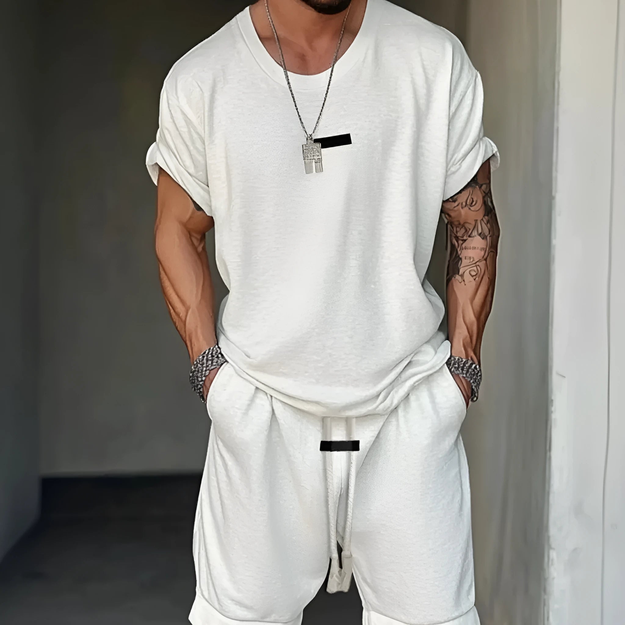 Men's hip hop style T-shirt and shorts set with letter printing in thin mesh polyester fabric