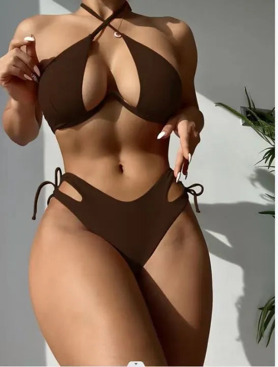 Women's solid colour halter neck bikini set on a mannequin, shown in brown.