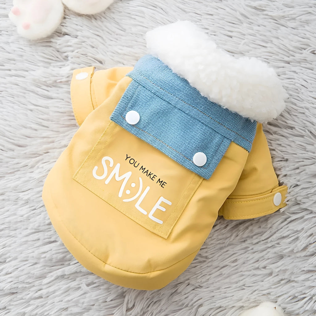 Yellow denim patchwork puppy coat with Sherpa fleece lining, waterproof and windproof, for small and medium dogs