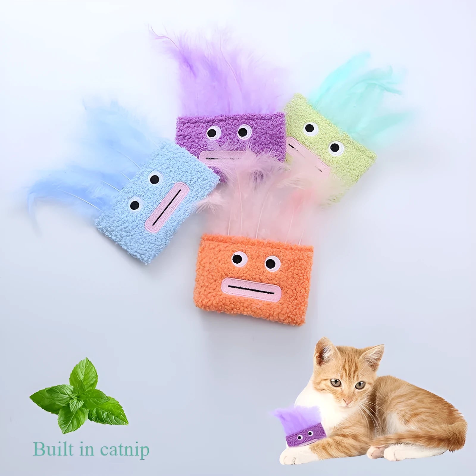 Cat plush toy with big mouth explosion head shape in blue, green, orange, and purple colours