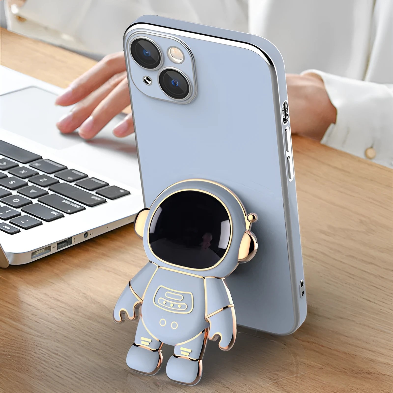 3D astronaut phone case with electroplating bracket for iPhone 13 Pro Max, TPU anti-drop back cover in black