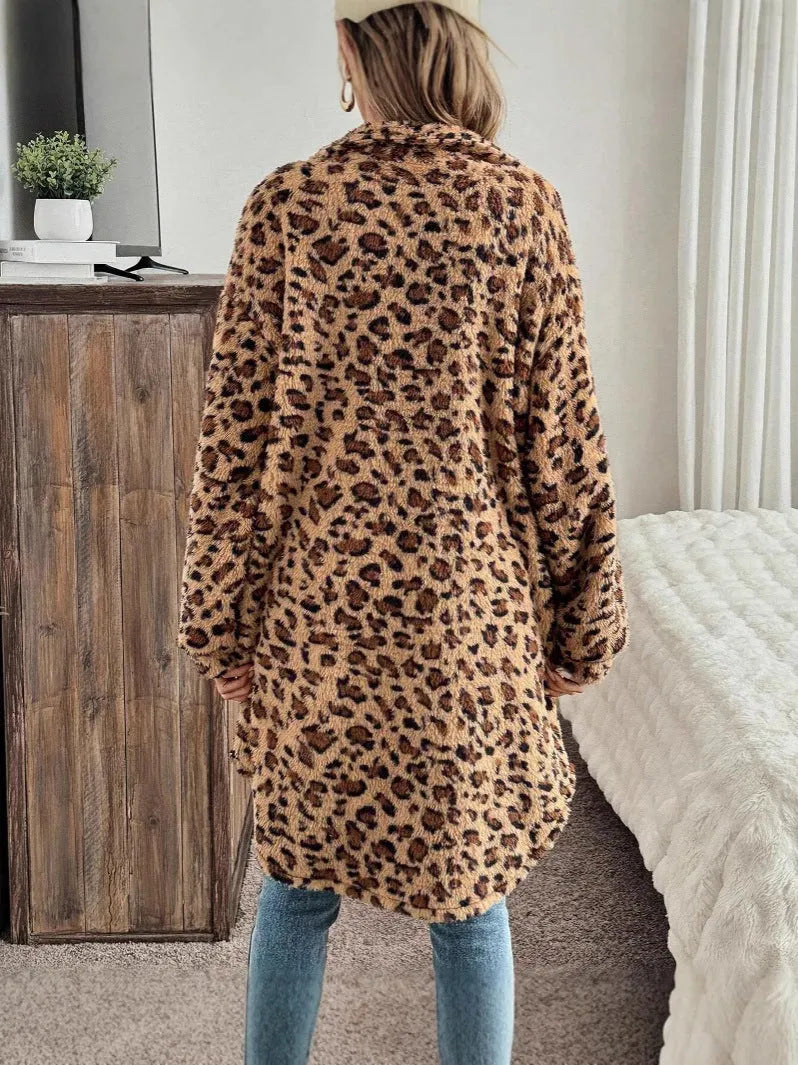 Women's double-sided plush cardigan long coat in dark brown animal pattern, long sleeves, sizes S-XL.