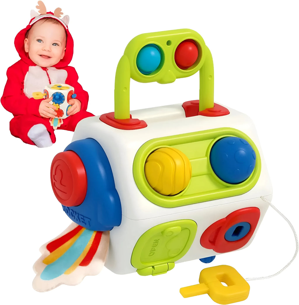 9-in-1 busy cube baby toddler toy, plastic Montessori sensory fidget busy board, 12.5 x 10 x 11cm