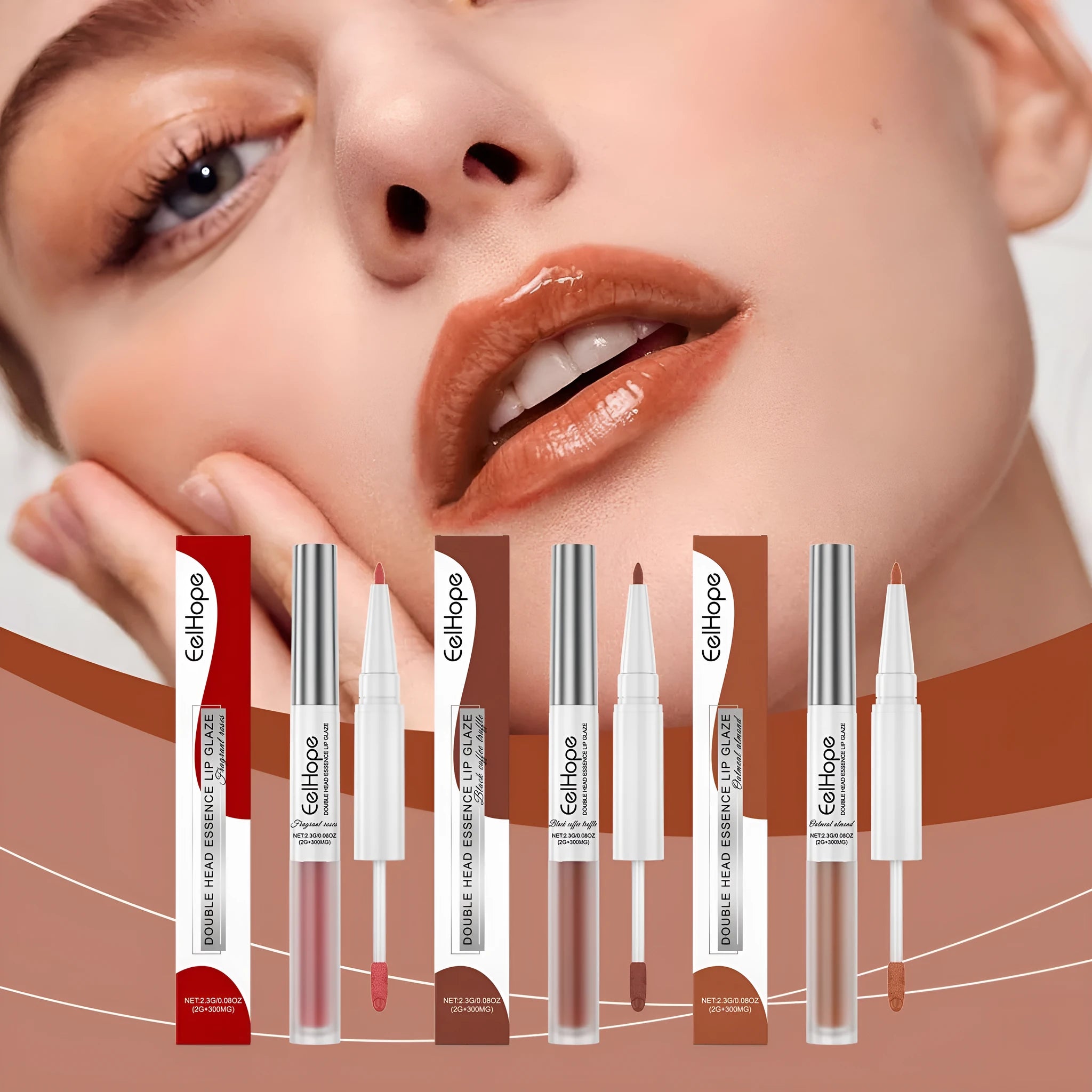 Double-headed lip liner and lip lacquer pen set showing three neutral matte shade options