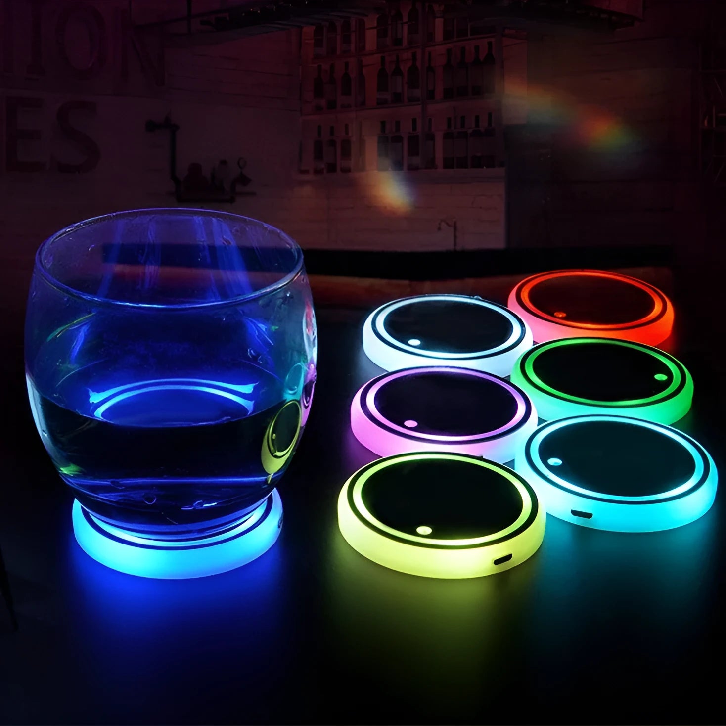 Colourful LED car cup holder coaster with seven light colours and USB cable