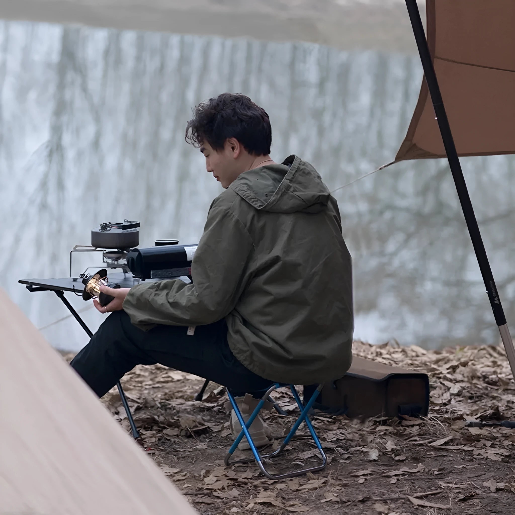 Black aluminium alloy folding stool for camping outdoor seating