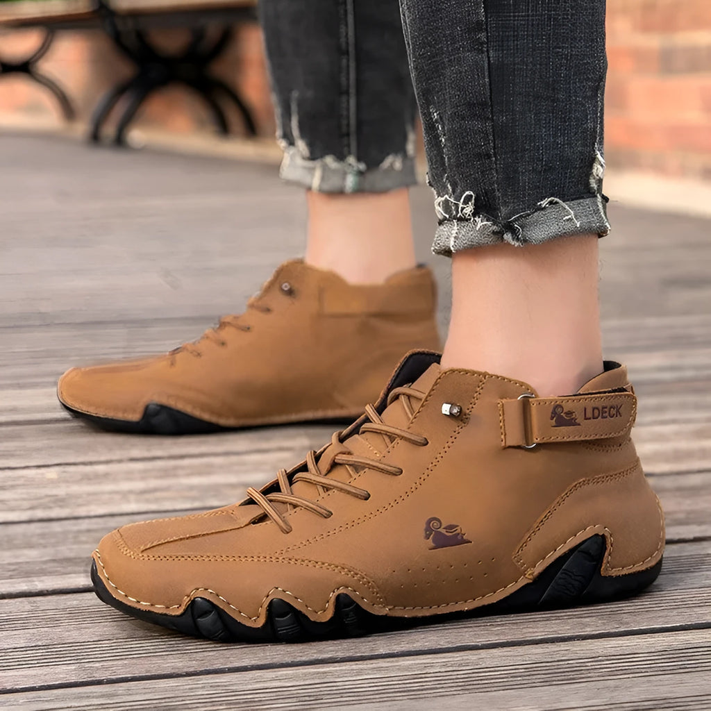 High top octopus men's boots in khaki colour showing round toe design and middle tube height