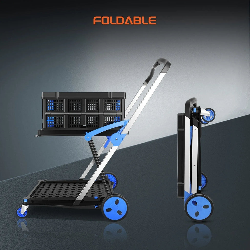 Blue foldable shopping trolley with two plastic baskets, showing its wheeled design and compact frame.
