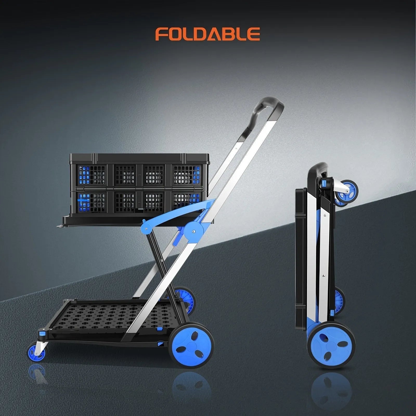 Blue foldable shopping trolley with two plastic baskets, showing its wheeled design and compact frame.