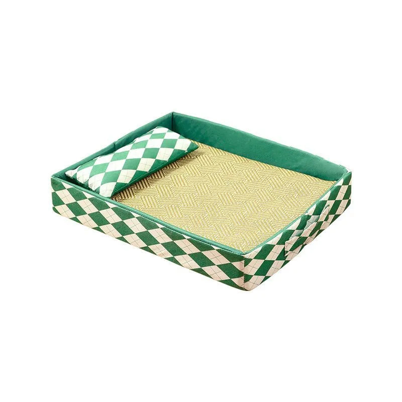 Rattan woven cat litter mat serving as cooling bed in blue, size options shown