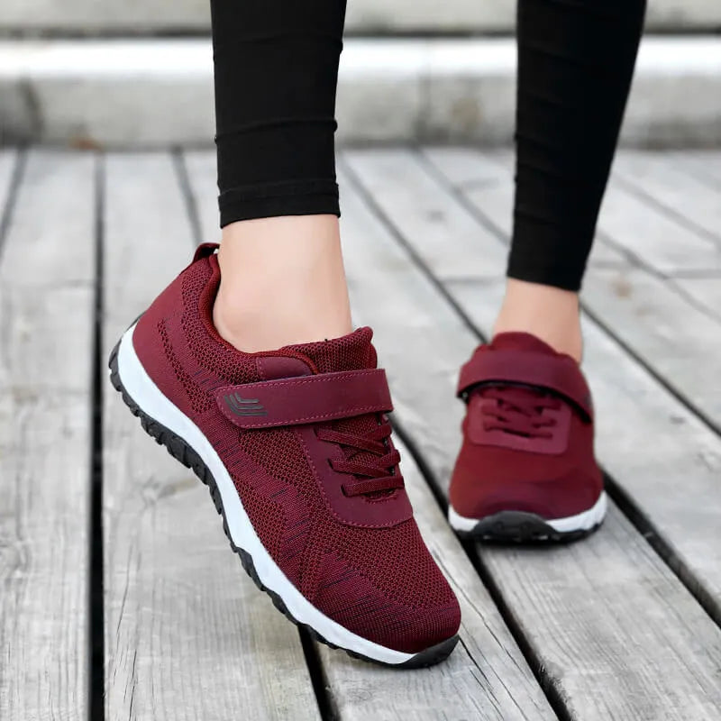 Women's wedge heel shoes with mesh uppers and velcro fastening in four colour options