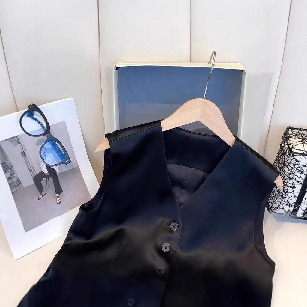Black satin ladies sleeveless vest with loose fit on hanger