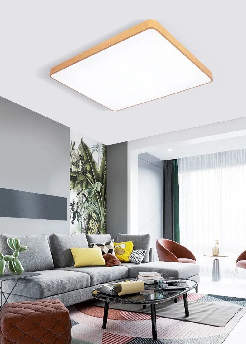 Nordic modern square LED ceiling light with wood grain finish and remote control on a white background.
