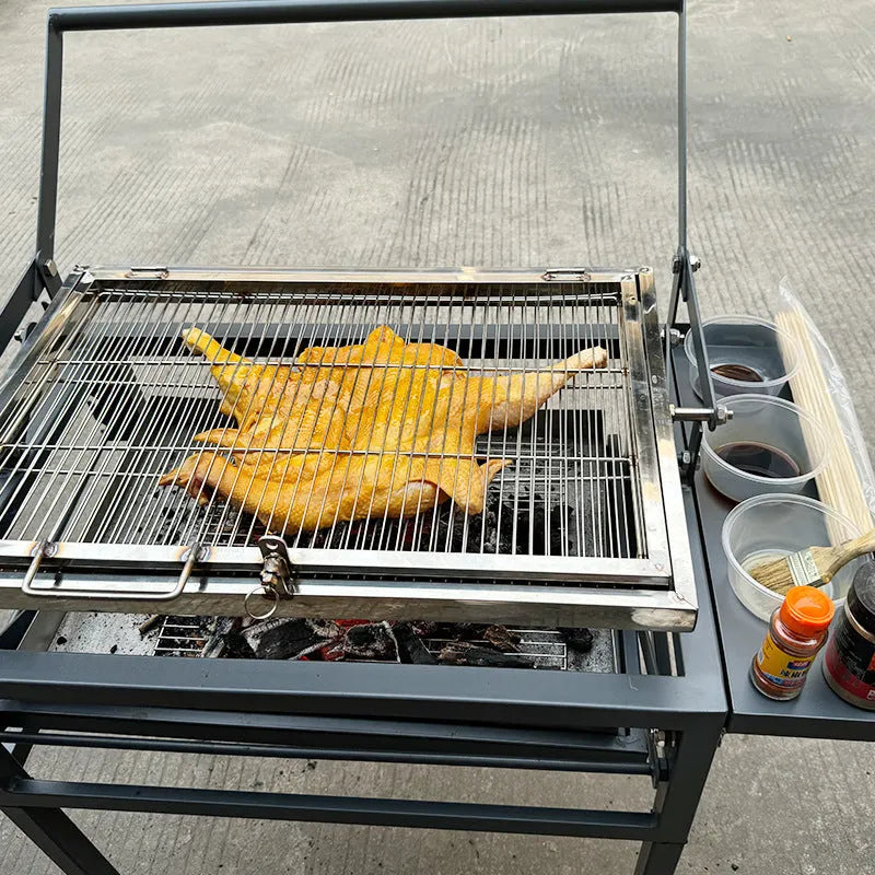 Large foldable charcoal barbecue stove with detachable components for outdoor cooking