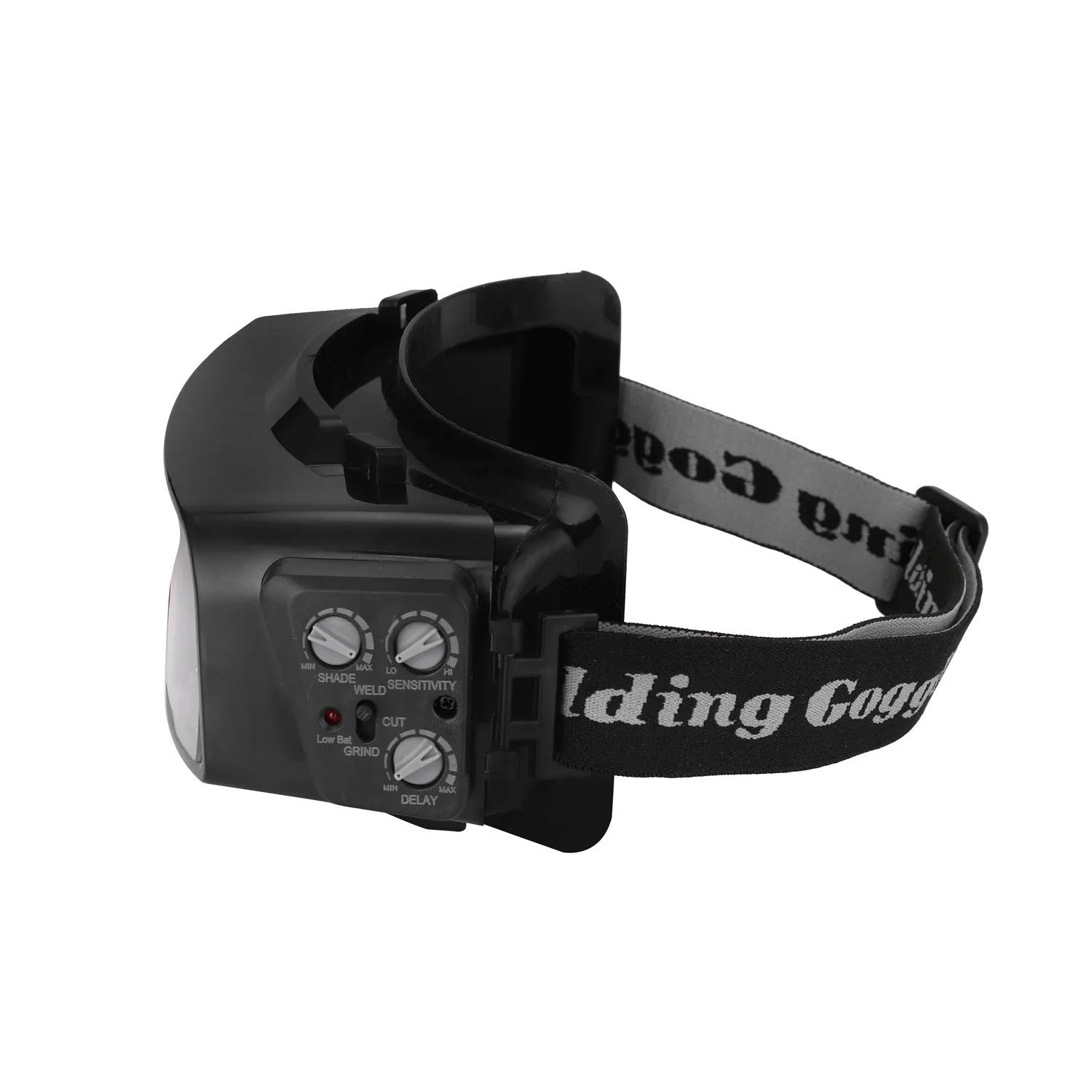 Black automatic darkening welding mask with a large rectangular viewing lens.