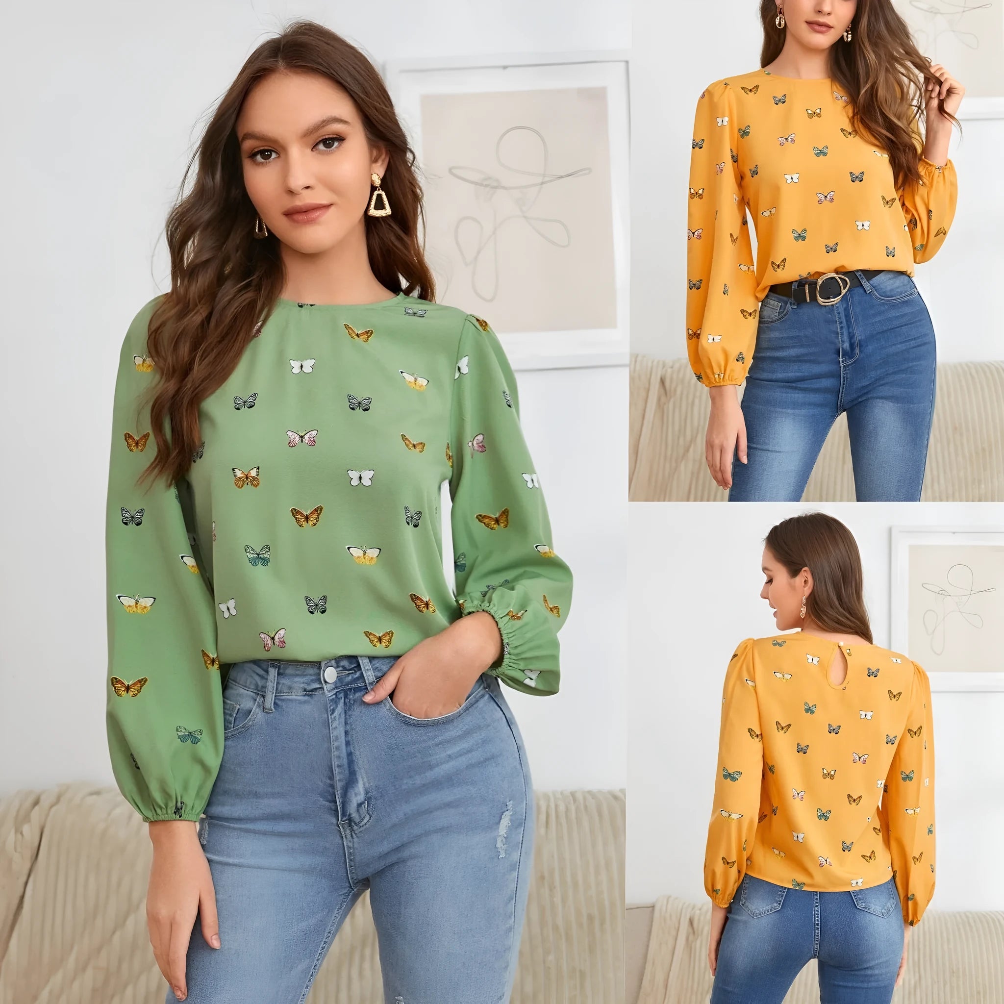 Green women's long sleeve shirt with butterfly print, showing loose fit and button front.