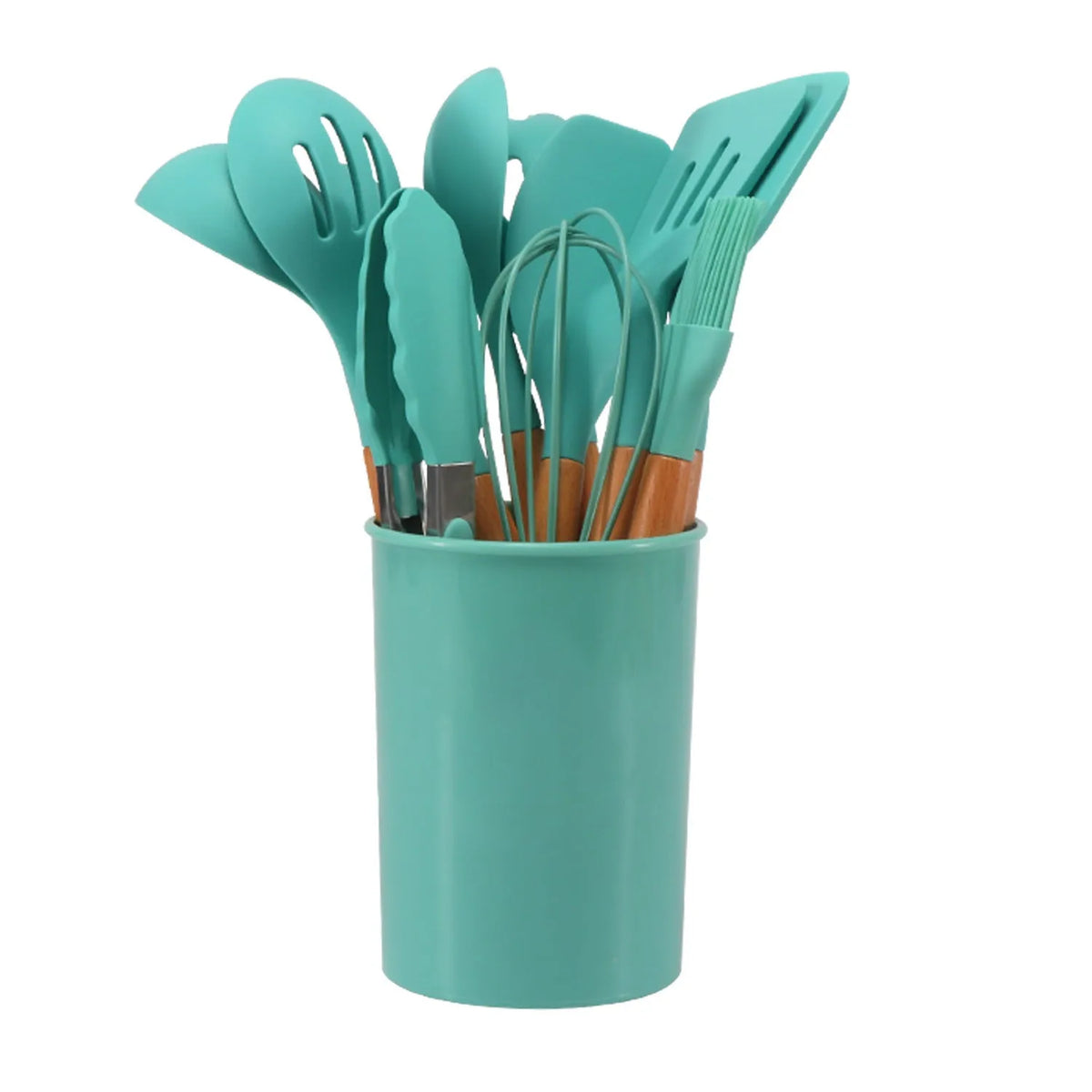 12-piece silicone kitchenware set with wooden handles in modern simplicity style, assorted colour box packaging