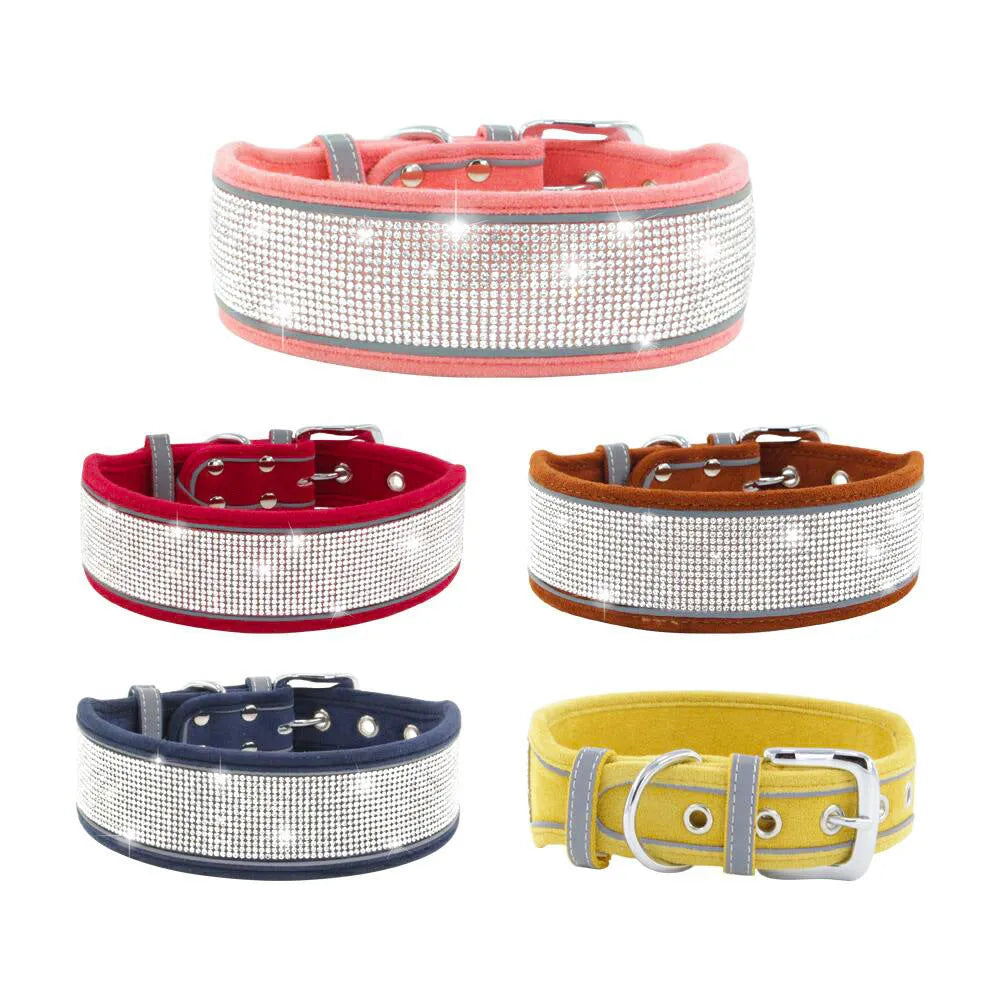 Suede reflective dog collar with hand rope, available in S M L sizes and multiple rhinestone colours