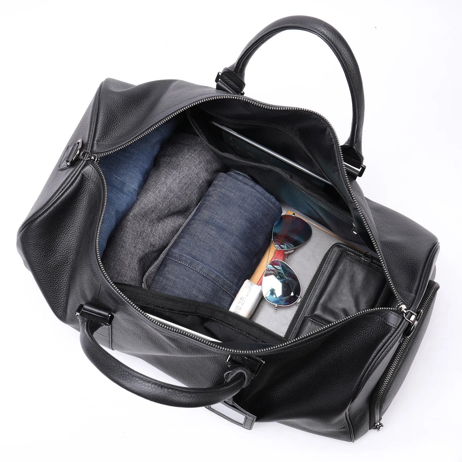 Men's large leather excursion bag with shoulder strap in black or coffee colour