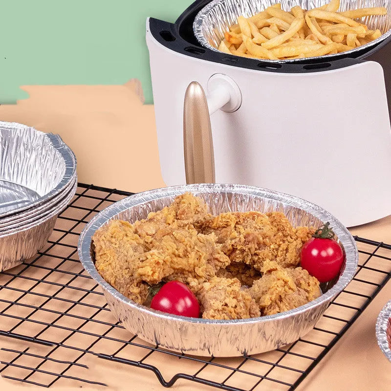 Non-stick aluminium foil air fryer liner, round 8 inch deep plate, disposable oil-proof tray with 4 cm edge