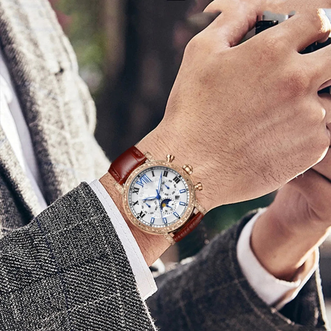 Hollow flywheel fully automatic mechanical watch for men with night glow, 42mm dial, genuine leather strap, lunar phase and calendar